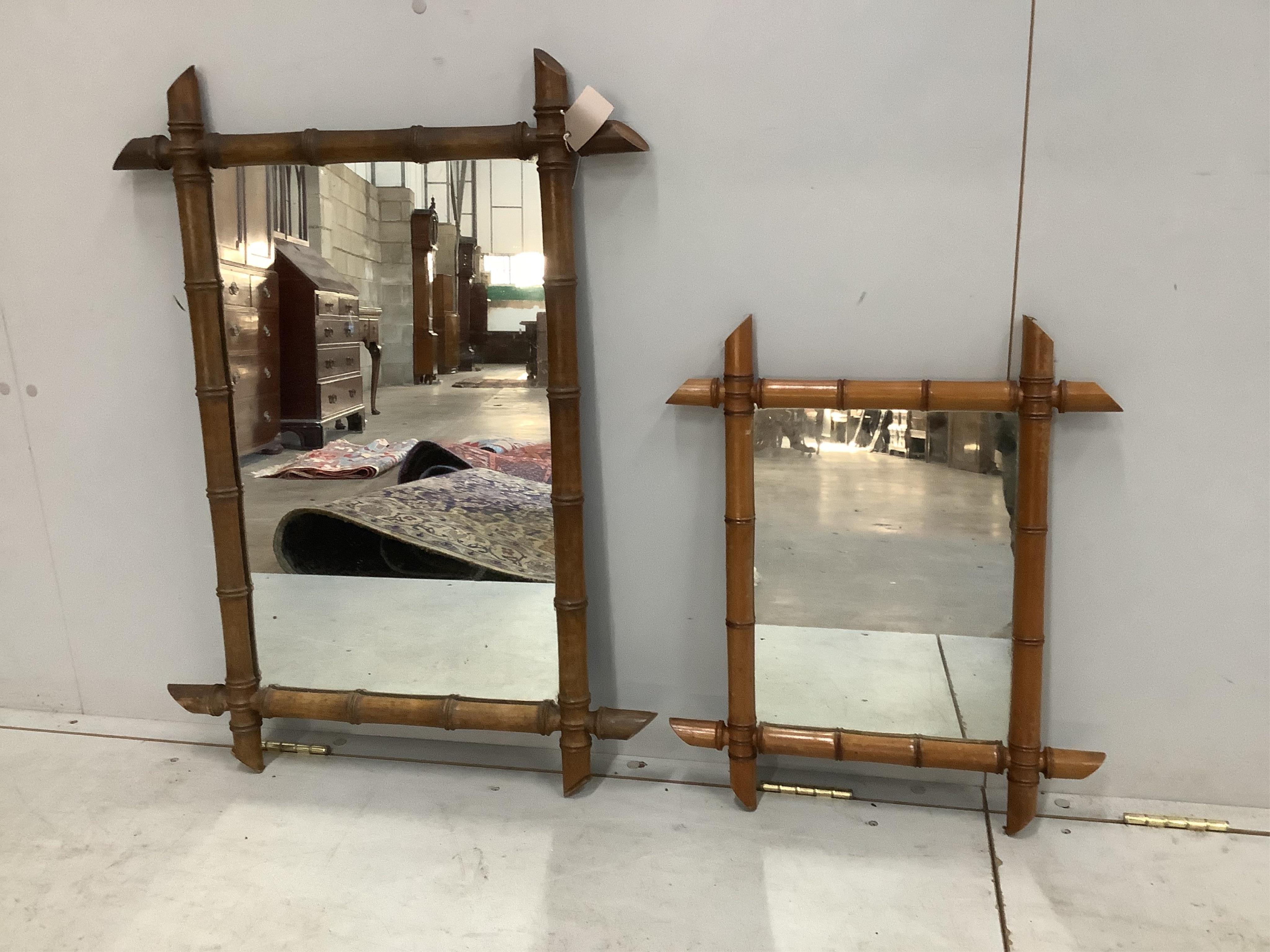 Two 19th century French rectangular bamboo wall mirrors, larger width 62cm, height 86cm. Condition - fair